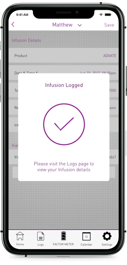 Picture of a smartphone with a successfully logged infusion screen