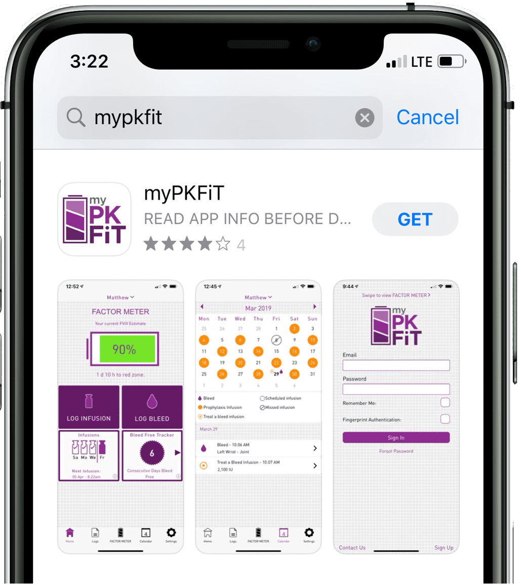 Picture of a smartphone with myPFKiT® app screen.