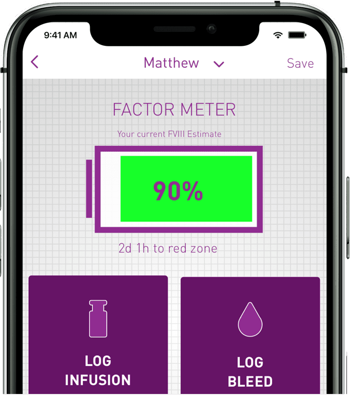 Picture of a smartphone with myPKFiT® Factor Meter to help check current and future estimated FVIII levels