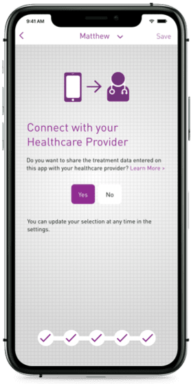 Picture of a  smartphone with myPKFiT® - connect and share your data with your healthcare provider