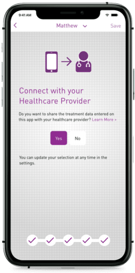 Picture of a smartphone with myPKFiT® - connect and share your data with your healthcare provider