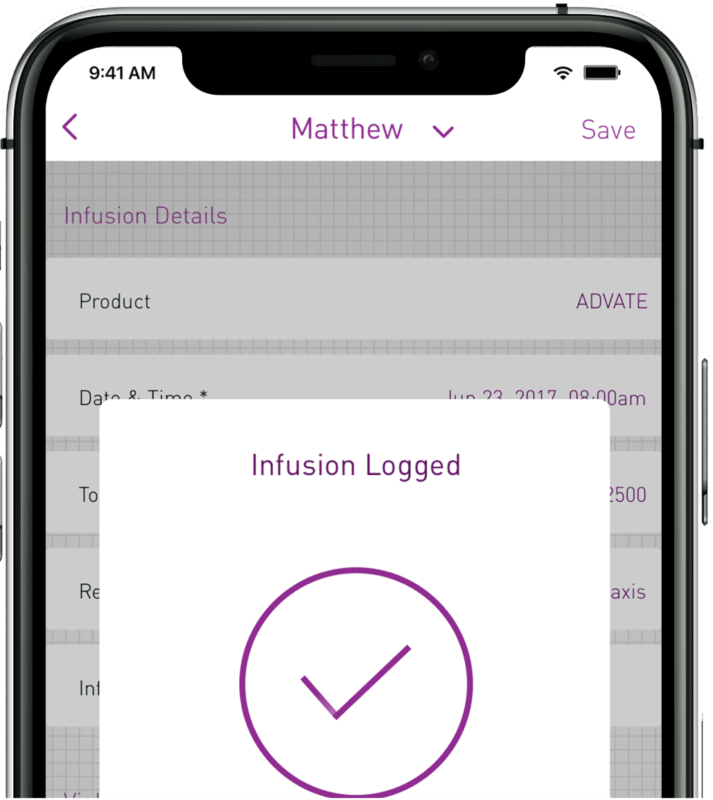 Picture of a smartphone with a successfully logged infusion screen