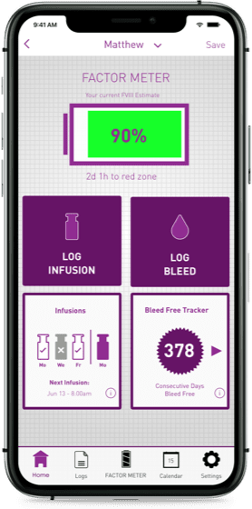 Picture of a smartphone with myPKFiT® Factor Meter to help check current and future estimated FVIII levels